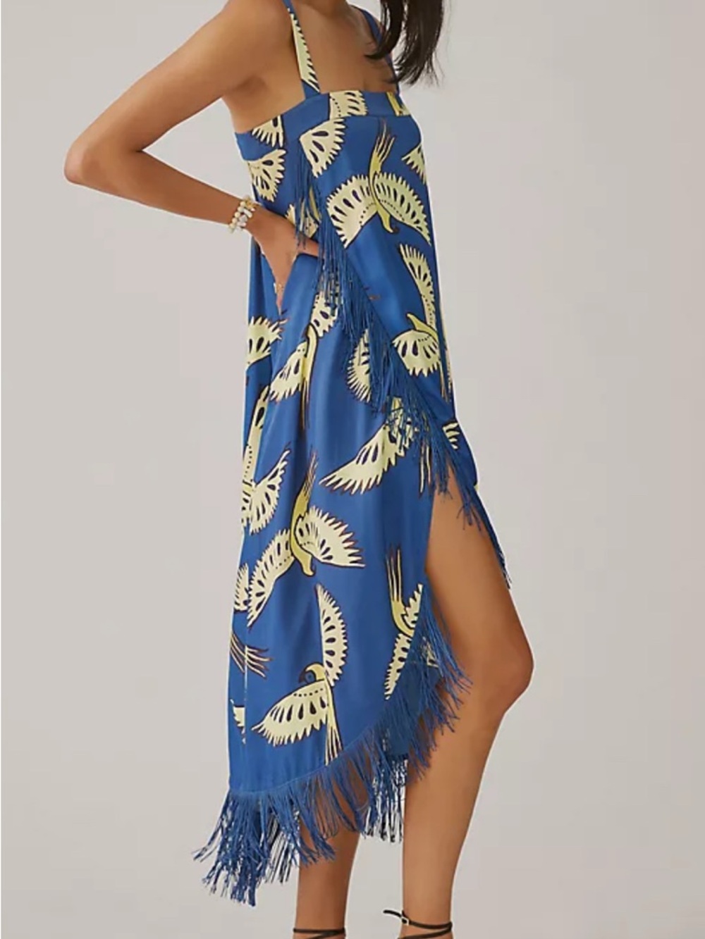 FARM Rio NEW Blue & Yellow Novelty Bird-Print Fringe Wrap Midi Dress Size XL